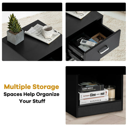 Set of 2 Modern Nightstands with Drawer and Open Storage Shelf – Black Finish
