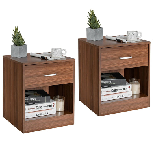 Set of 2 Modern Nightstands with Drawer and Open Storage Shelf – Brown Finish