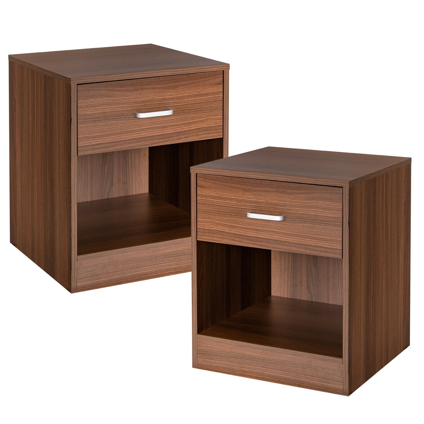 Set of 2 Modern Nightstands with Drawer and Open Storage Shelf – Brown Finish