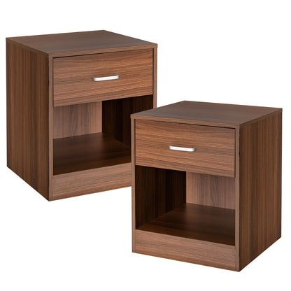 Set of 2 Modern Nightstands with Drawer and Open Storage Shelf – Brown Finish