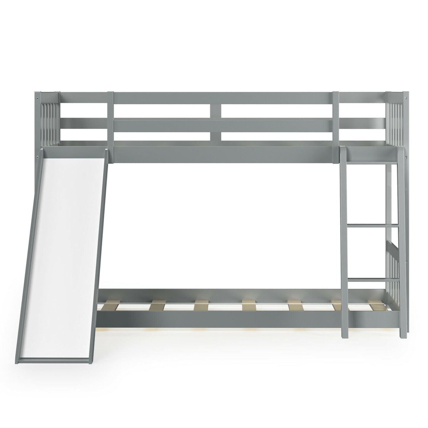 Twin Over Twin Wooden Bunk Bed with Slide and Ladder for Kids – Grey