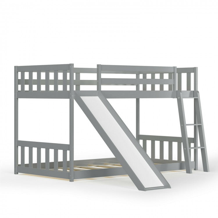 Twin Over Twin Wooden Bunk Bed with Slide and Ladder for Kids – Grey
