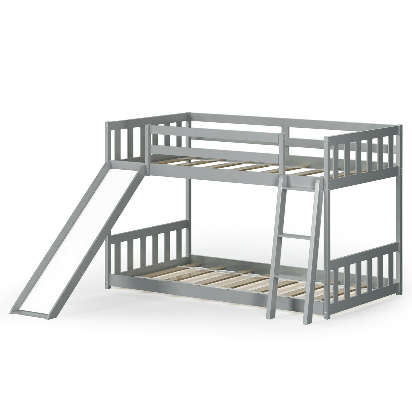 Twin Over Twin Wooden Bunk Bed with Slide and Ladder for Kids – Grey
