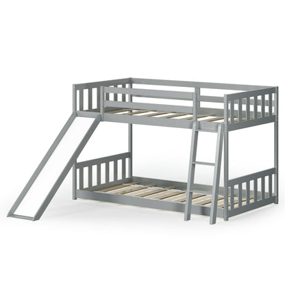 Twin Over Twin Wooden Bunk Bed with Slide and Ladder for Kids – Grey