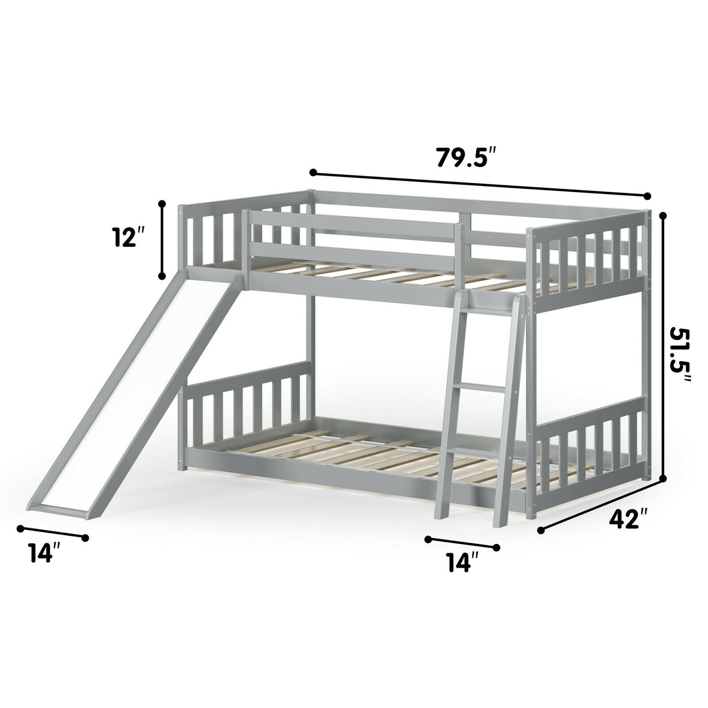 Twin Over Twin Wooden Bunk Bed with Slide and Ladder for Kids – Grey