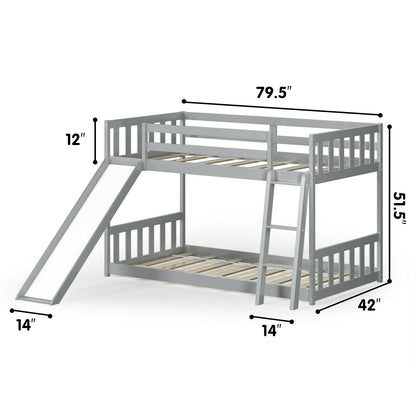 Twin Over Twin Wooden Bunk Bed with Slide and Ladder for Kids – Grey