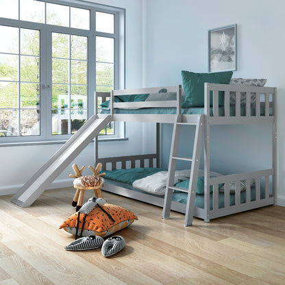 Twin Over Twin Wooden Bunk Bed with Slide and Ladder for Kids – Grey