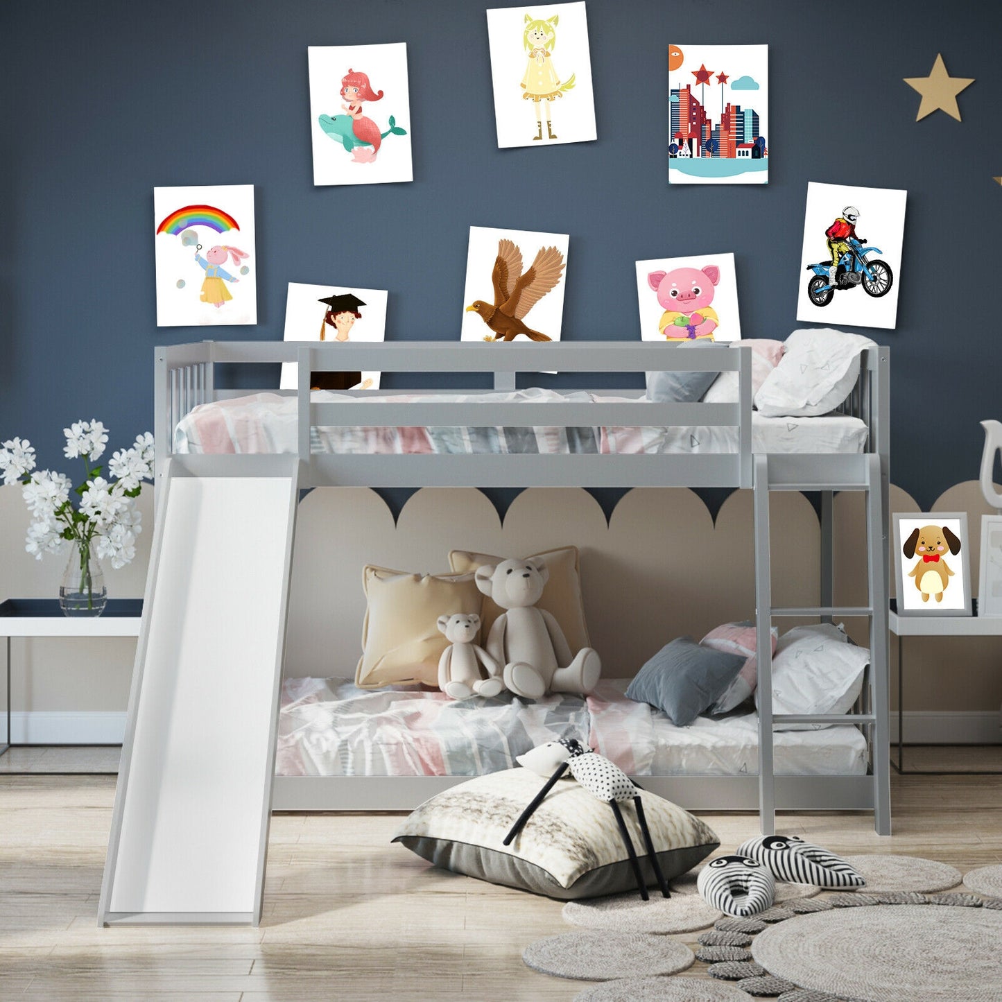 Twin Over Twin Wooden Bunk Bed with Slide and Ladder for Kids – Grey