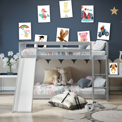Twin Over Twin Wooden Bunk Bed with Slide and Ladder for Kids – Grey