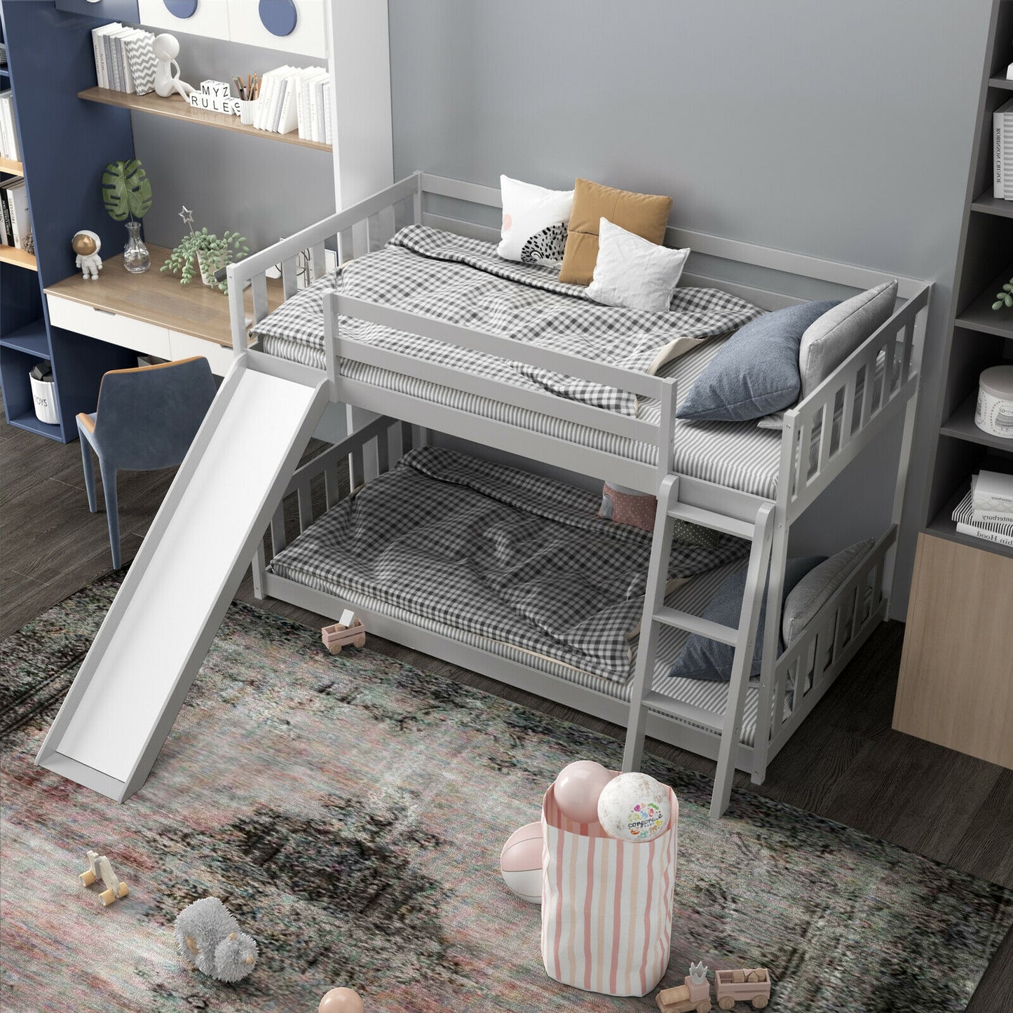 Twin Over Twin Wooden Bunk Bed with Slide and Ladder for Kids – Grey