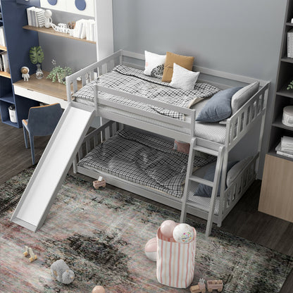 Twin Over Twin Wooden Bunk Bed with Slide and Ladder for Kids – Grey