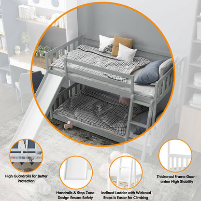 Twin Over Twin Wooden Bunk Bed with Slide and Ladder for Kids – Grey