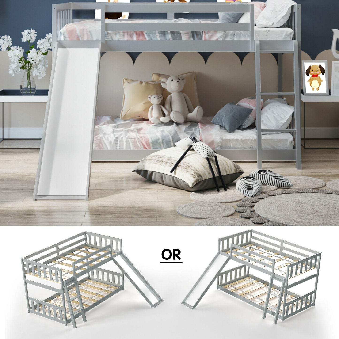 Twin Over Twin Wooden Bunk Bed with Slide and Ladder for Kids – Grey