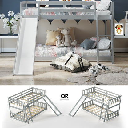 Twin Over Twin Wooden Bunk Bed with Slide and Ladder for Kids – Grey