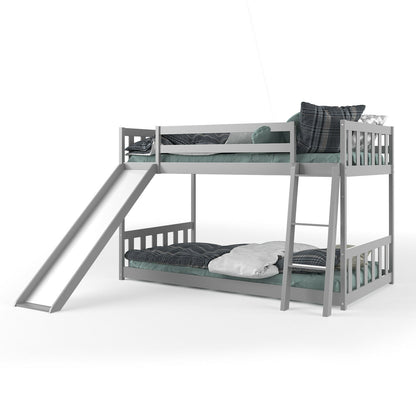 Twin Over Twin Wooden Bunk Bed with Slide and Ladder for Kids – Grey