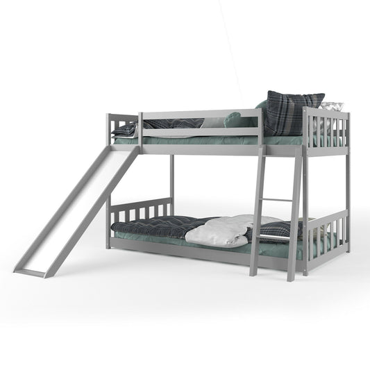 Twin Over Twin Wooden Bunk Bed with Slide and Ladder for Kids – Grey