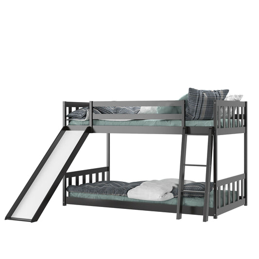 Twin Over Twin Wooden Bunk Bed with Slide and Ladder for Kids – Dark Brown