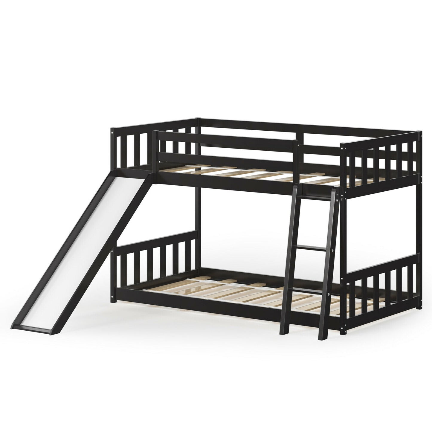 Twin Over Twin Wooden Bunk Bed with Slide and Ladder for Kids – Dark Brown