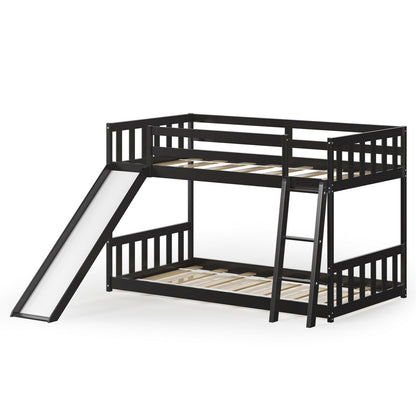 Twin Over Twin Wooden Bunk Bed with Slide and Ladder for Kids – Dark Brown