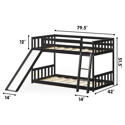 Twin Over Twin Wooden Bunk Bed with Slide and Ladder for Kids – Dark Brown