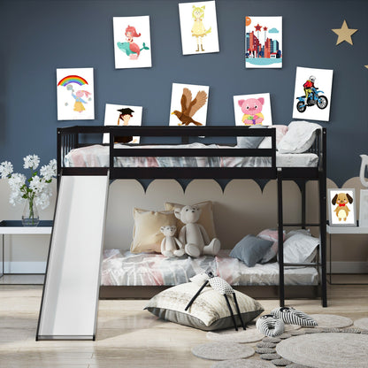 Twin Over Twin Wooden Bunk Bed with Slide and Ladder for Kids – Dark Brown