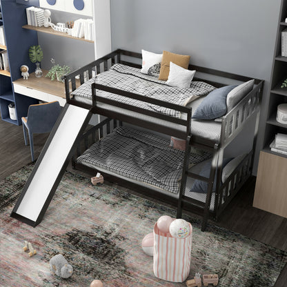 Twin Over Twin Wooden Bunk Bed with Slide and Ladder for Kids – Dark Brown