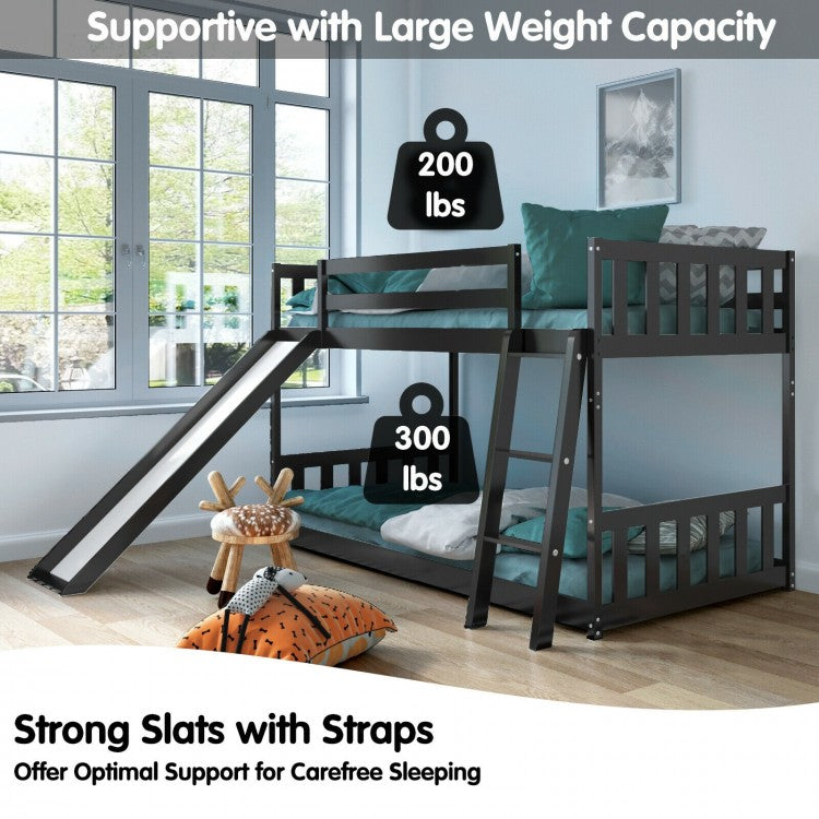 Twin Over Twin Wooden Bunk Bed with Slide and Ladder for Kids – Dark Brown