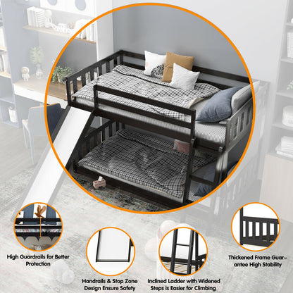 Twin Over Twin Wooden Bunk Bed with Slide and Ladder for Kids – Dark Brown