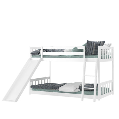 Twin Over Twin Wooden Bunk Bed with Slide and Ladder for Kids – White