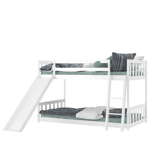 Twin Over Twin Wooden Bunk Bed with Slide and Ladder for Kids – White