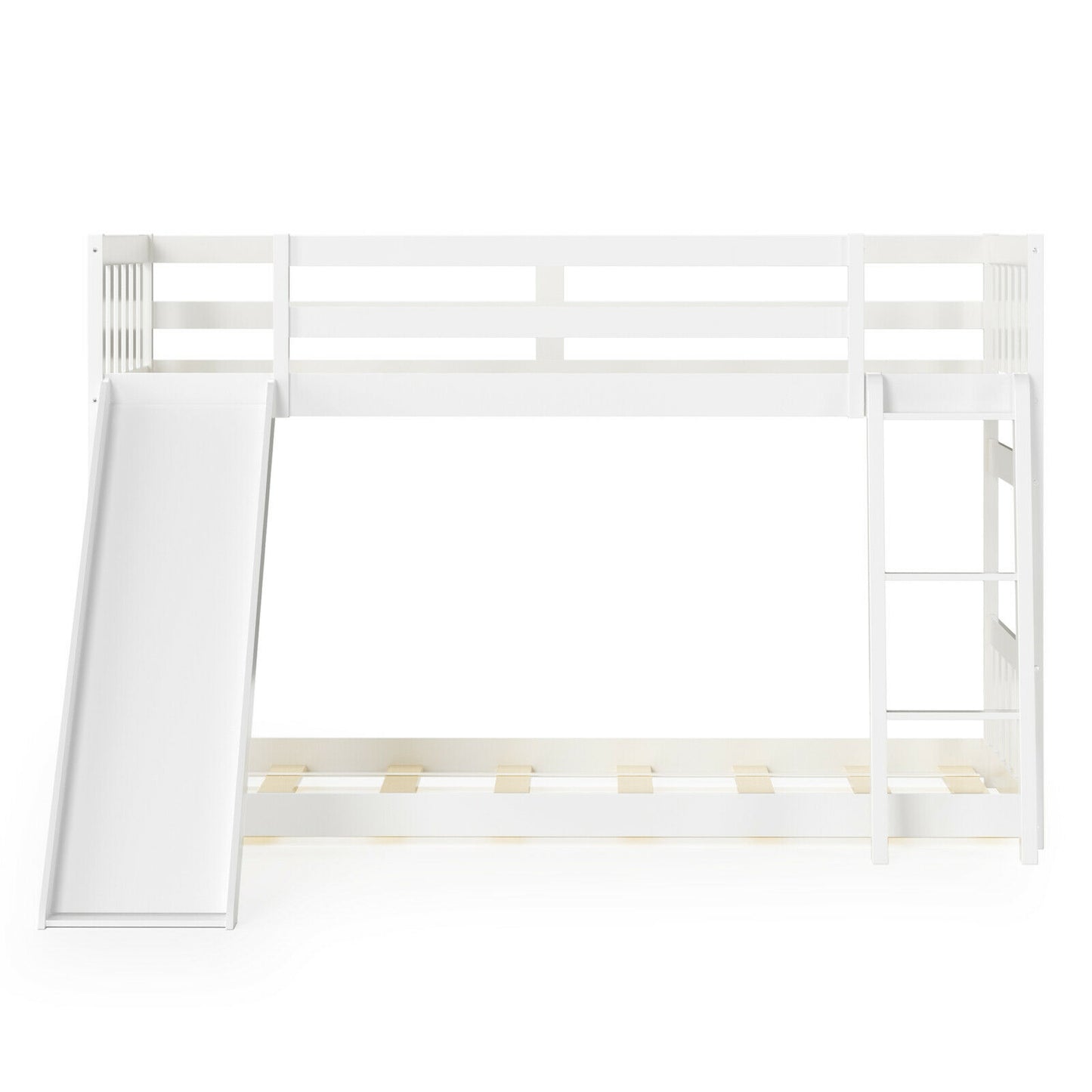 Twin Over Twin Wooden Bunk Bed with Slide and Ladder for Kids – White
