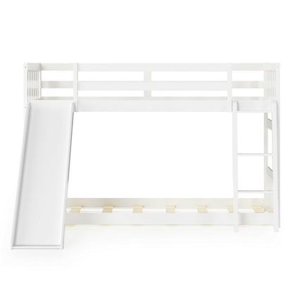 Twin Over Twin Wooden Bunk Bed with Slide and Ladder for Kids – White