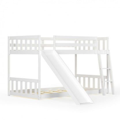 Twin Over Twin Wooden Bunk Bed with Slide and Ladder for Kids – White