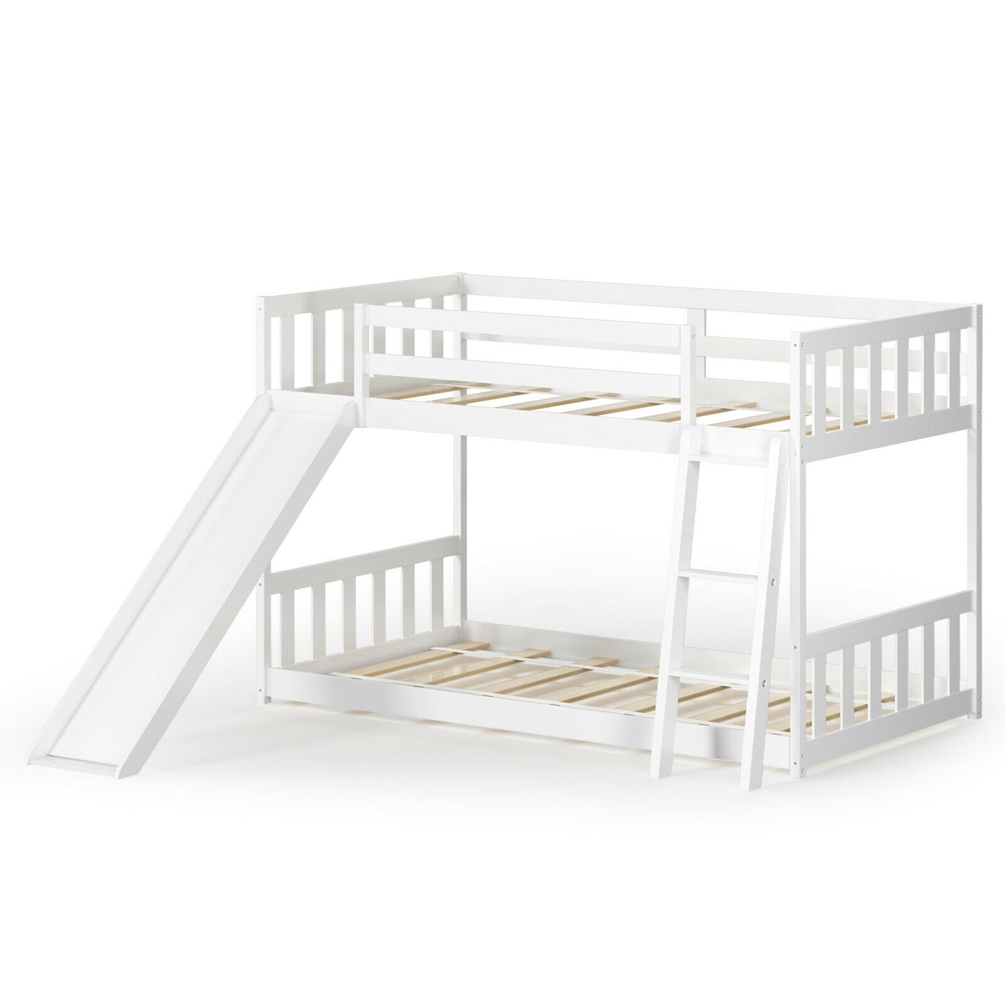 Twin Over Twin Wooden Bunk Bed with Slide and Ladder for Kids – White