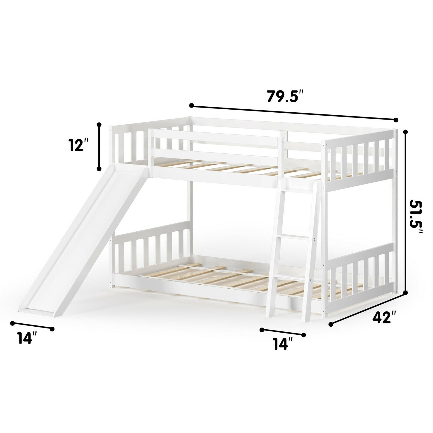 Twin Over Twin Wooden Bunk Bed with Slide and Ladder for Kids – White