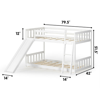 Twin Over Twin Wooden Bunk Bed with Slide and Ladder for Kids – White