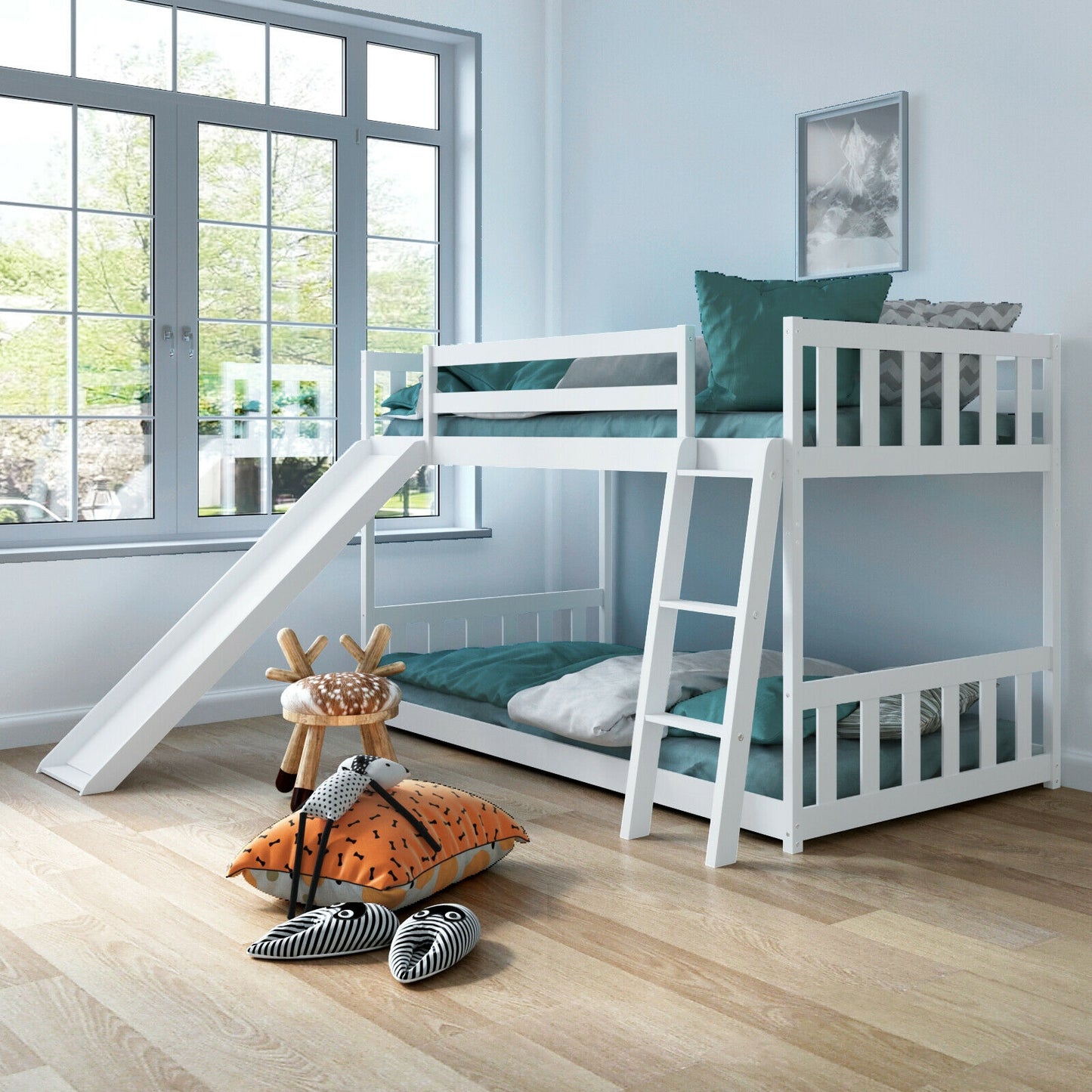 Twin Over Twin Wooden Bunk Bed with Slide and Ladder for Kids – White