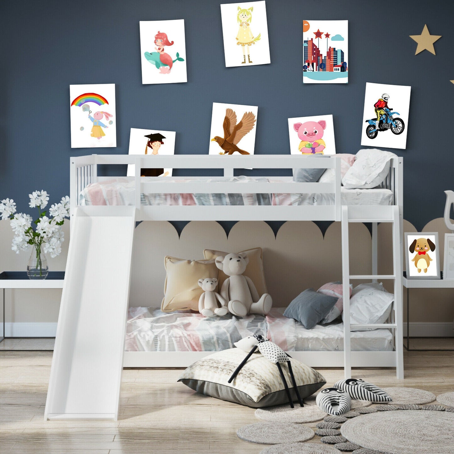 Twin Over Twin Wooden Bunk Bed with Slide and Ladder for Kids – White