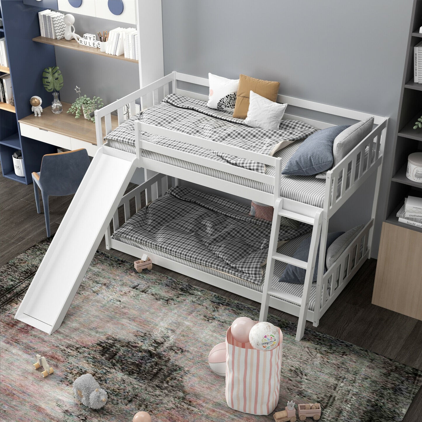 Twin Over Twin Wooden Bunk Bed with Slide and Ladder for Kids – White