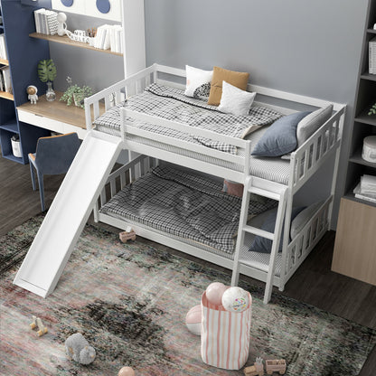Twin Over Twin Wooden Bunk Bed with Slide and Ladder for Kids – White