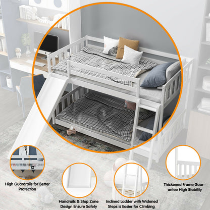 Twin Over Twin Wooden Bunk Bed with Slide and Ladder for Kids – White