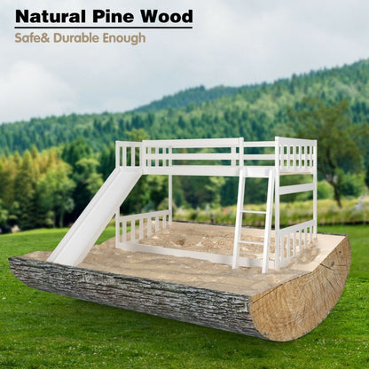 Twin Over Twin Wooden Bunk Bed with Slide and Ladder for Kids – White