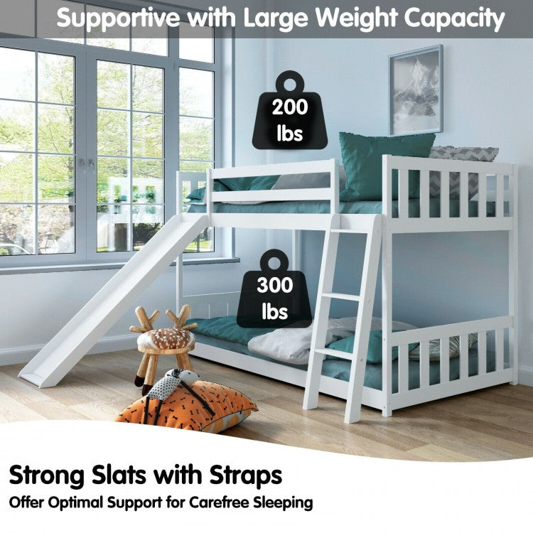 Twin Over Twin Wooden Bunk Bed with Slide and Ladder for Kids – Grey