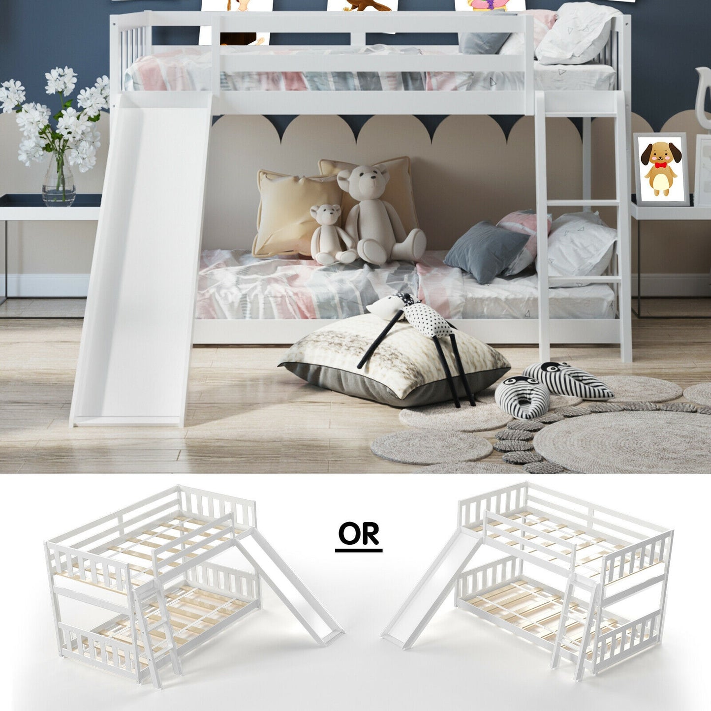 Twin Over Twin Wooden Bunk Bed with Slide and Ladder for Kids – White