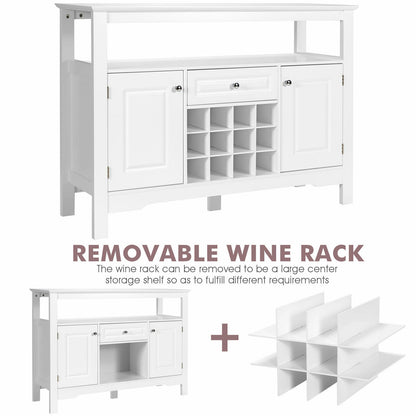 Freestanding Wine Buffet Cabinet with 12 Bottle Rack Storage Drawer and Side Cupboards - White