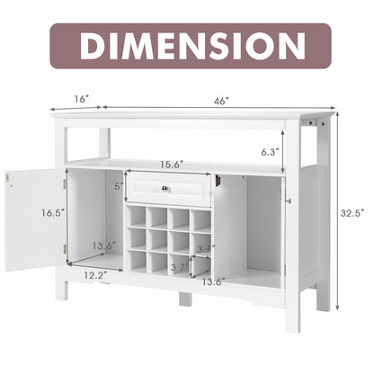 Freestanding Wine Buffet Cabinet with 12 Bottle Rack Storage Drawer and Side Cupboards - White