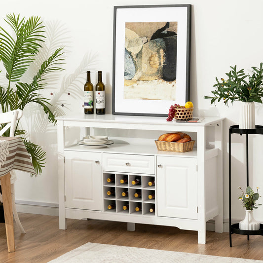 Freestanding Wine Buffet Cabinet with 12 Bottle Rack Storage Drawer and Side Cupboards - White