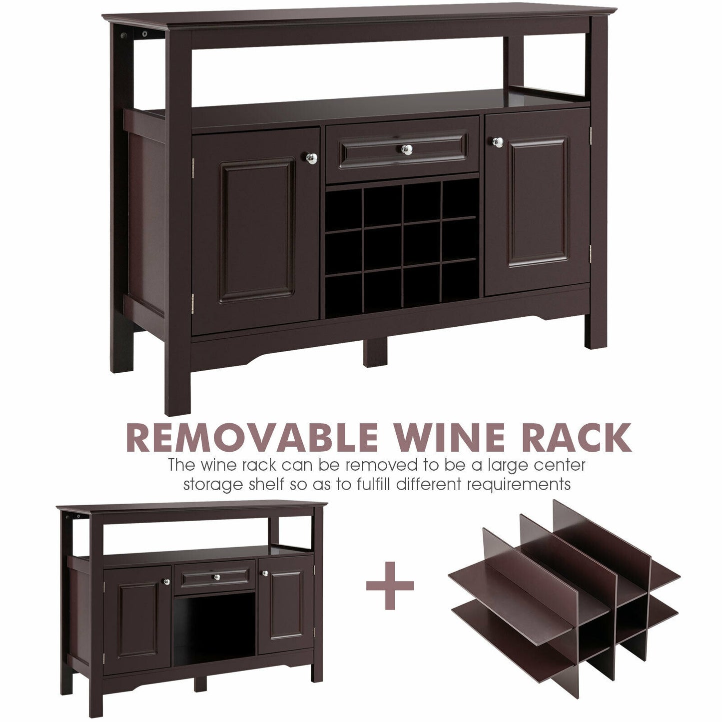 Freestanding Wine Buffet Cabinet with 12 Bottle Rack Storage Drawer and Side Cupboards - Brown
