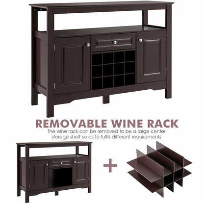 Freestanding Wine Buffet Cabinet with 12 Bottle Rack Storage Drawer and Side Cupboards - Brown