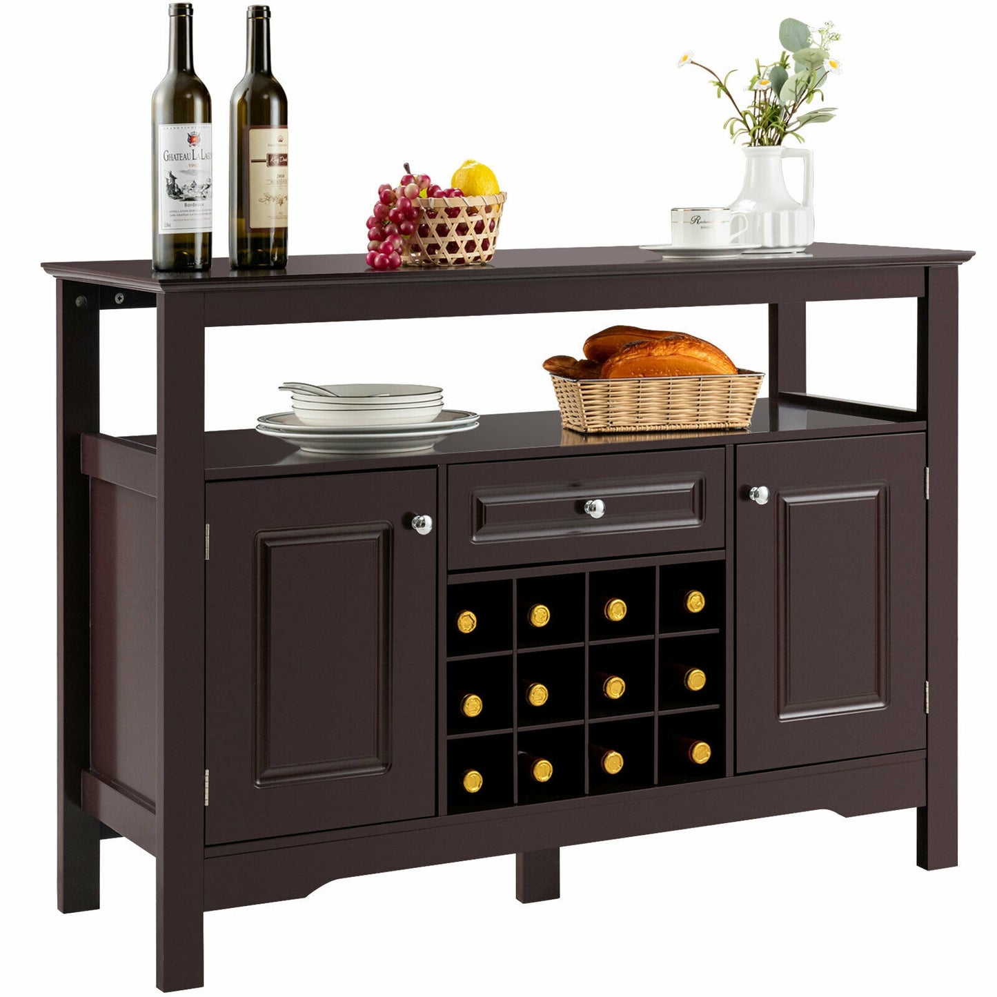 Freestanding Wine Buffet Cabinet with 12 Bottle Rack Storage Drawer and Side Cupboards - Brown